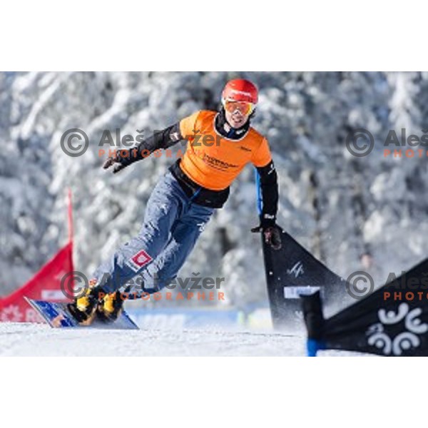 Zan Kosir (SLO) in action during snowboard match of FIS Snowboard WC Parallel Gaint Slalom Rogla 2015, Rogla, Slovenia, on January 31, 2015