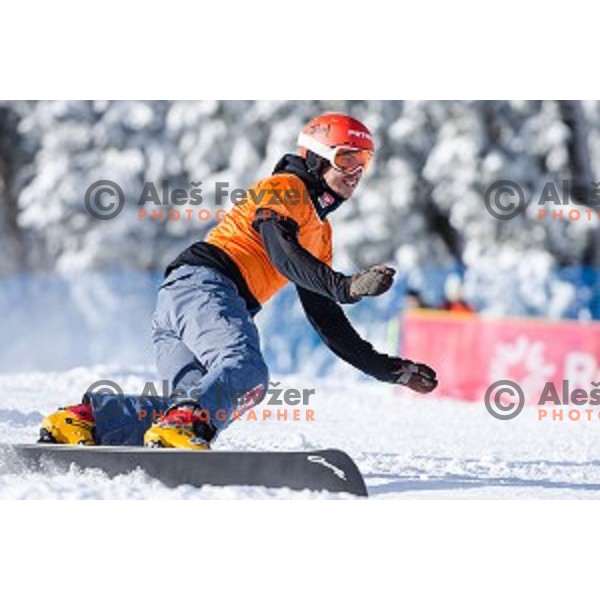 Zan Kosir (SLO) in action during snowboard match of FIS Snowboard WC Parallel Gaint Slalom Rogla 2015, Rogla, Slovenia, on January 31, 2015
