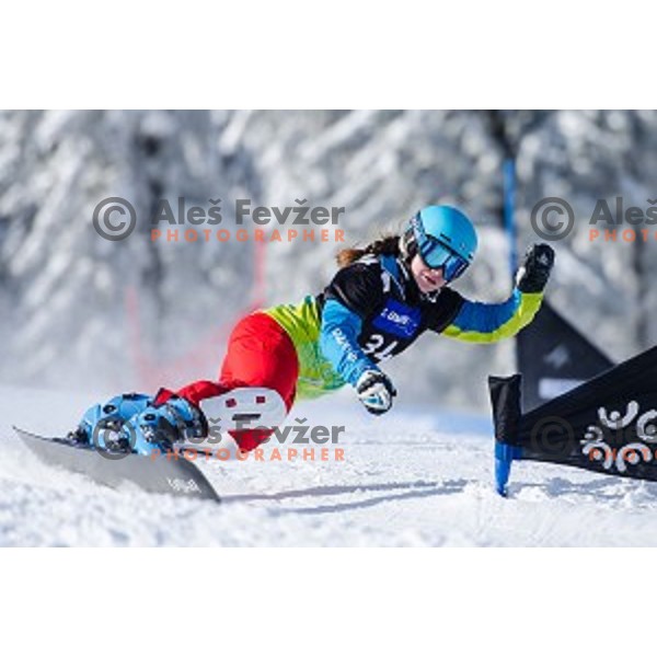 Emeilie Aurange (FRA) in action during snowboard match of FIS Snowboard WC Parallel Gaint Slalom Rogla 2015, Rogla, Slovenia, on January 31, 2015