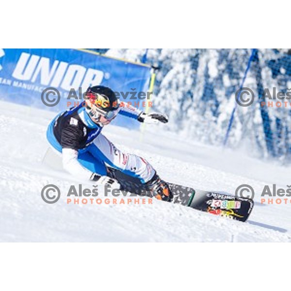 Lukas Mathies (AUT) in action during snowboard match of FIS Snowboard WC Parallel Gaint Slalom Rogla 2015, Rogla, Slovenia, on January 31, 2015