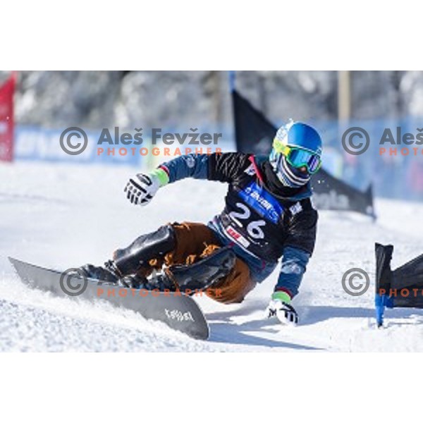 Stanislav Detkov (RUS) in action during snowboard match of FIS Snowboard WC Parallel Gaint Slalom Rogla 2015, Rogla, Slovenia, on January 31, 2015
