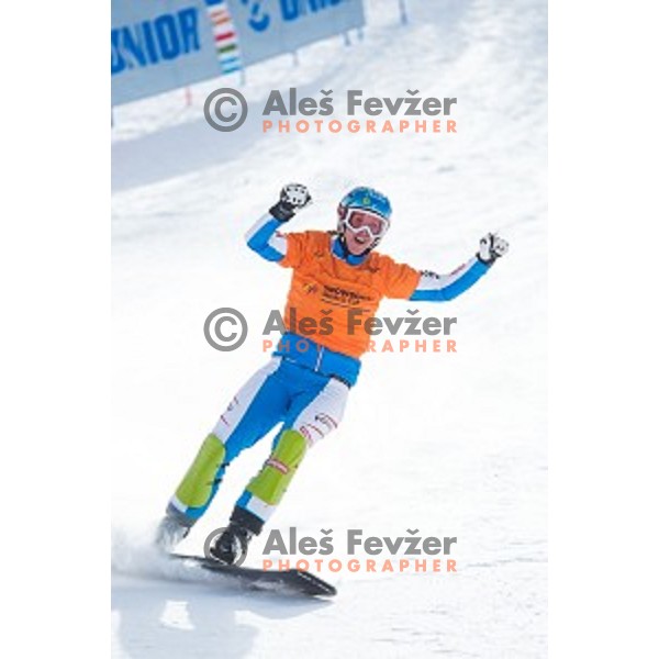 Marion Kreiner (AUT) in action during snowboard match of FIS Snowboard WC Parallel Gaint Slalom Rogla 2015, Rogla, Slovenia, on January 31, 2015