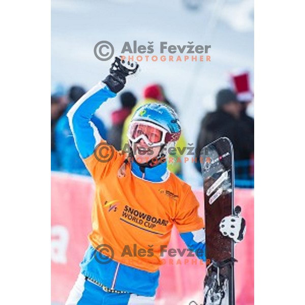 Marion Kreiner (AUT) in action during snowboard match of FIS Snowboard WC Parallel Gaint Slalom Rogla 2015, Rogla, Slovenia, on January 31, 2015
