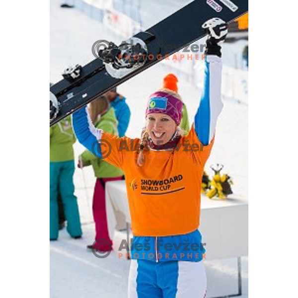 Marion Kreiner (AUT) in action during snowboard match of FIS Snowboard WC Parallel Gaint Slalom Rogla 2015, Rogla, Slovenia, on January 31, 2015