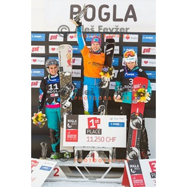 Ina Meschik (AUT), Marion Kreiner (AUT) and Selina Joerg (GER) during snowboard match of FIS Snowboard WC Parallel Gaint Slalom Rogla 2015, Rogla, Slovenia, on January 31, 2015