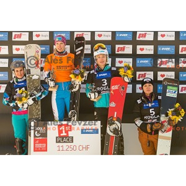 Ina Meschik (AUT), Marion Kreiner (AUT), Selina Joerg (GER) and Tomoka Takeuchi (JAP) during snowboard match of FIS Snowboard WC Parallel Gaint Slalom Rogla 2015, Rogla, Slovenia, on January 31, 2015