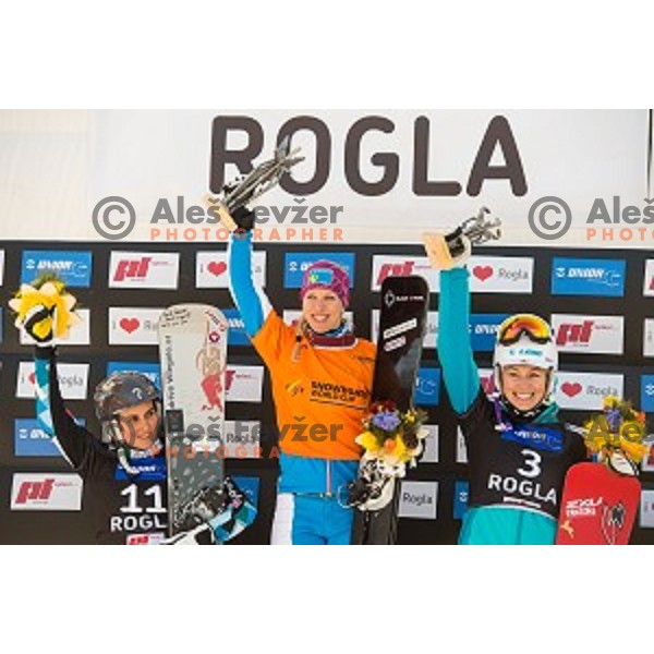 Ina Meschik (AUT), Marion Kreiner (AUT) and Selina Joerg (GER) during snowboard match of FIS Snowboard WC Parallel Gaint Slalom Rogla 2015, Rogla, Slovenia, on January 31, 2015