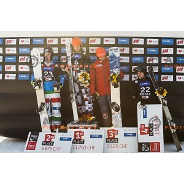 Mirko Felicetti (ITA), Vic Wild (RUS), Zan Kosir (SLO) and Kasper Fluetsch (SUI) during snowboard match of FIS Snowboard WC Parallel Gaint Slalom Rogla 2015, Rogla, Slovenia, on January 31, 2015