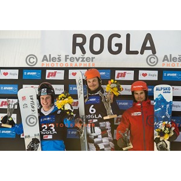 Mirko Felicetti (ITA), Vic Wild (RUS) and Zan Kosir (SLO) during snowboard match of FIS Snowboard WC Parallel Gaint Slalom Rogla 2015, Rogla, Slovenia, on January 31, 2015