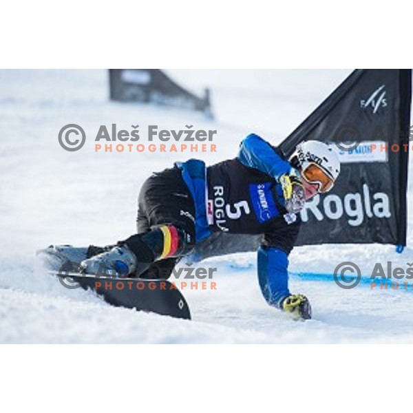 Alexander Bergmann (GER) in action during snowboard match of FIS Snowboard WC Parallel Gaint Slalom Rogla 2015, Rogla, Slovenia, on January 31, 2015