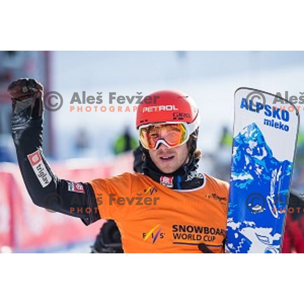 Zan Kosir (SLO) in action during snowboard match of FIS Snowboard WC Parallel Gaint Slalom Rogla 2015, Rogla, Slovenia, on January 31, 2015