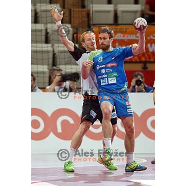 of Slovenia in action during match between Slovenia and Germany for 7th place at Qatar 2015 World Handball championships in Lusail Sport Arena, Doha on January 31, 2015