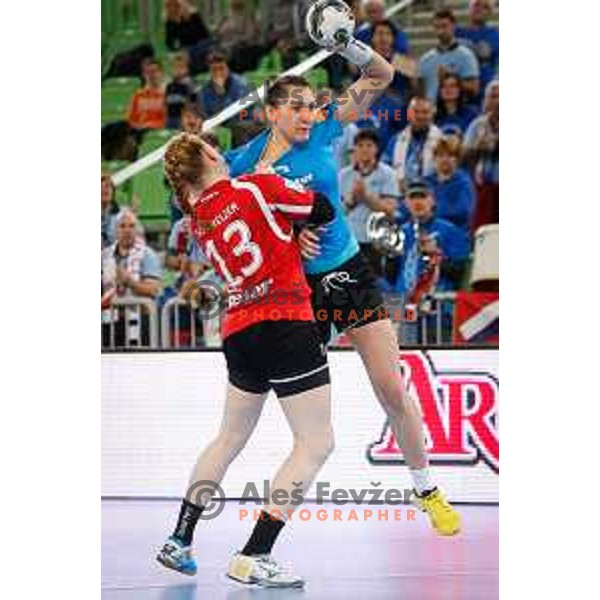 L. Artsiukhovich of RK Krim Mercator in action during handball match between RK Krim Mercator and Thuringer HC in round 1 of EHF Champions Leauge, played in Arena Stozice, Ljubljana, Slovenia on January 31, 2015