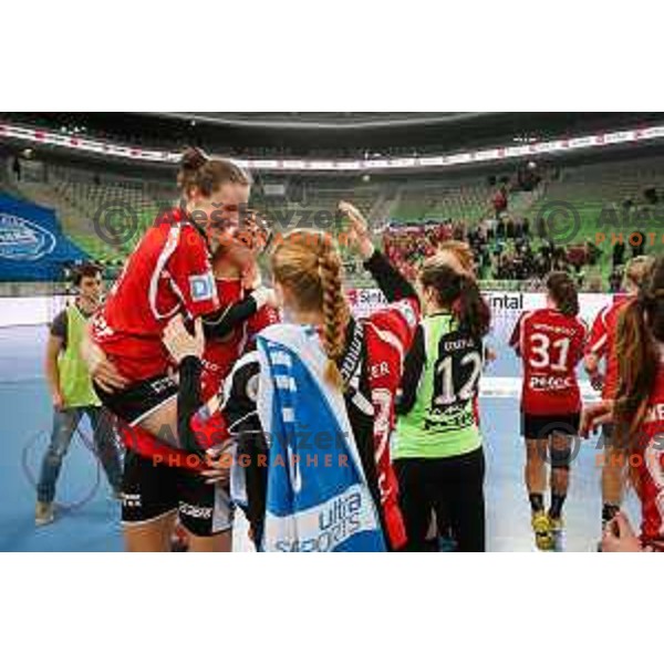 Team of Thuringer HC celebrate during handball match between RK Krim Mercator and Thuringer HC in round 1 of EHF Champions Leauge, played in Arena Stozice, Ljubljana, Slovenia on January 31, 2015