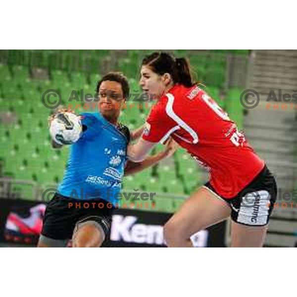 Allison Pineau of RK Krim Mercator in Action during handball match between RK Krim Mercator and Thuringer HC in round 1 of EHF Champions Leauge, played in Arena Stozice, Ljubljana, Slovenia on January 31, 2015