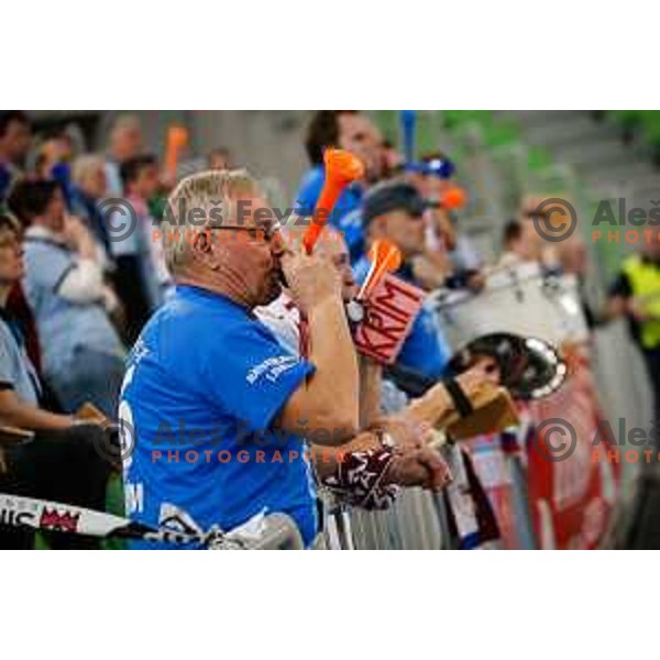 Fans of RK Krim Mercator in action during handball match between RK Krim Mercator and Thuringer HC in round 1 of EHF Champions Leauge, played in Arena Stozice, Ljubljana, Slovenia on January 31, 2015