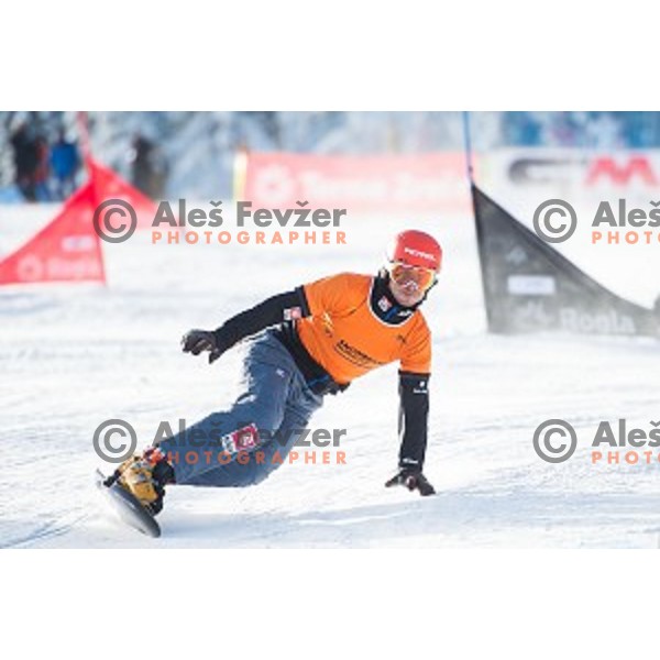 Zan Kosir (SLO) in action during snowboard match of FIS Snowboard WC Parallel Gaint Slalom Rogla 2015, Rogla, Slovenia, on January 31, 2015