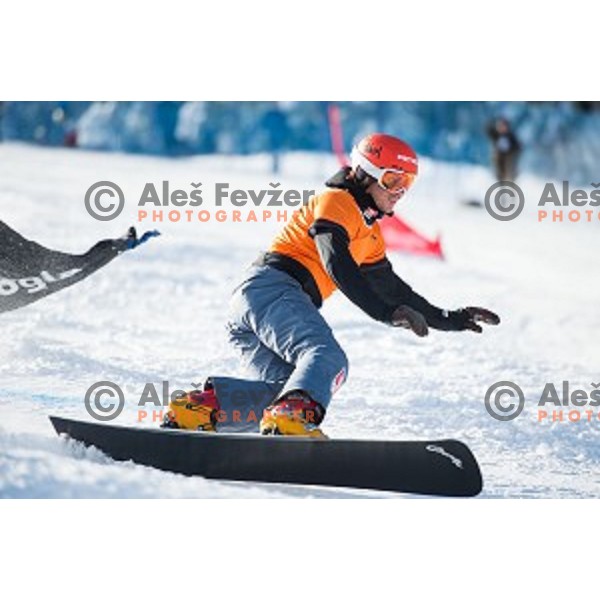Zan Kosir (SLO) in action during snowboard match of FIS Snowboard WC Parallel Gaint Slalom Rogla 2015, Rogla, Slovenia, on January 31, 2015