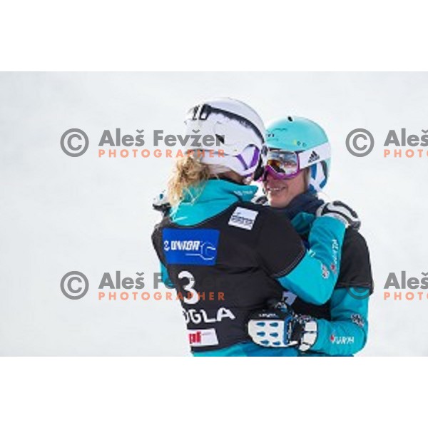 Selina Joerg and Isabella Laboeck (GER) in action during snowboard match of FIS Snowboard WC Parallel Gaint Slalom Rogla 2015, Rogla, Slovenia, on January 31, 2015