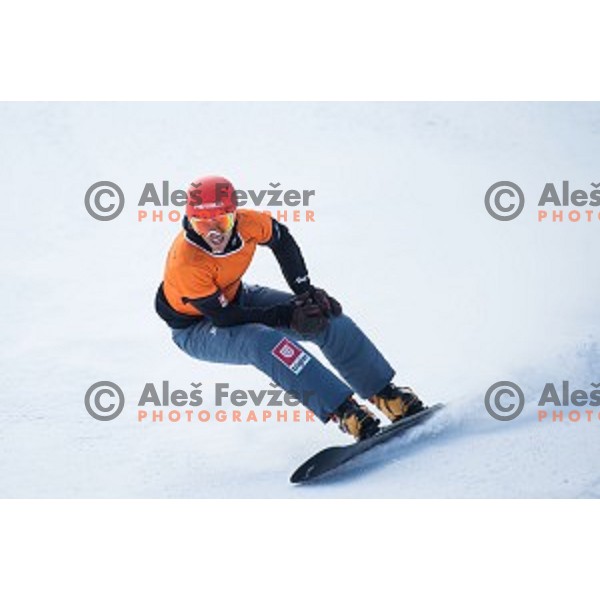 in action during snowboard match of FIS Snowboard WC Parallel Gaint Slalom Rogla 2015, Rogla, Slovenia, on January 31, 2015