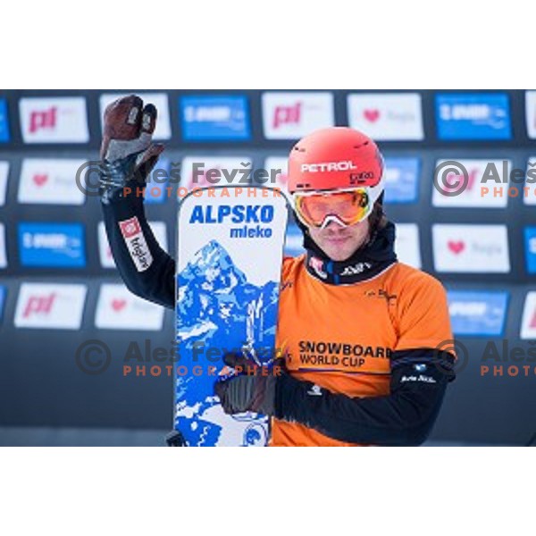 Zan Kosir (SLO) in action during snowboard match of FIS Snowboard WC Parallel Gaint Slalom Rogla 2015, Rogla, Slovenia, on January 31, 2015