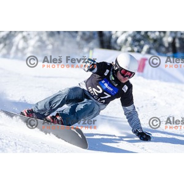 Rok Flander (SLO) in action during snowboard match of FIS Snowboard WC Parallel Gaint Slalom Rogla 2015, Rogla, Slovenia, on January 31, 2015