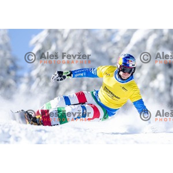 Roland Fischnaller (ITA) in action during snowboard match of FIS Snowboard WC Parallel Gaint Slalom Rogla 2015, Rogla, Slovenia, on January 31, 2015