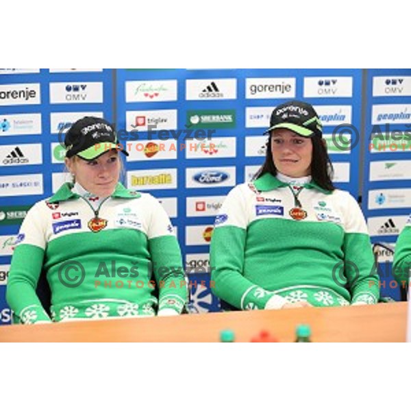 Nika Razingar and Katja Visnar, members of Slovenia Cross country team for Falun 2015 World Championships during press conference in Ljubljana , Slovenia on February 10, 2015
