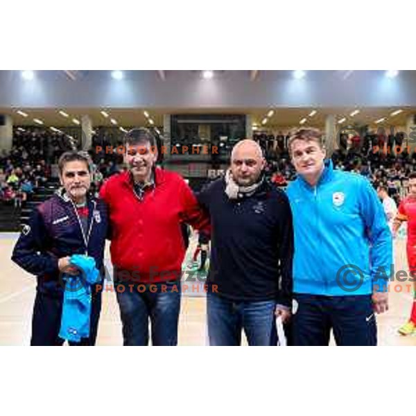 Jesus Candela, head coach of team Iran (far left) and Andrej Dobovicnik, head coach of team Slovenia (far right) before friendly Futsal match between Slovenia and Iran, played in Kidricevo, Slovenia on February 10, 2015
