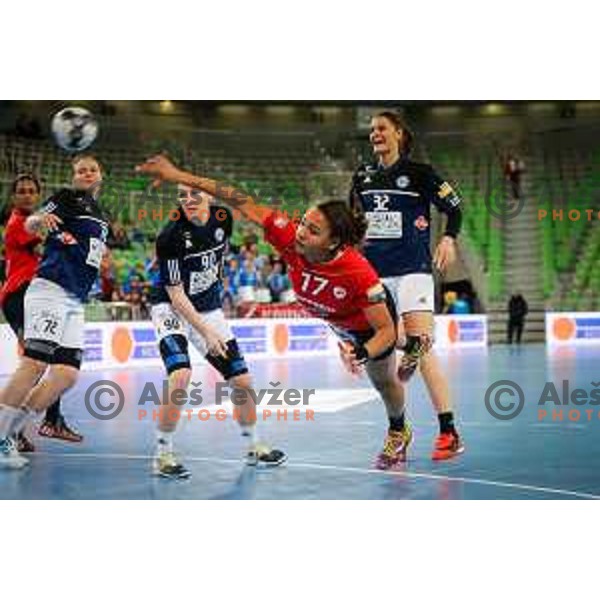 Elizabeth Omoregie of Krim Mercator in action during handball match between RK Krim Mercator and Buducnost in round 3 of EHF Champions Leauge, played in Arena Stozice, Ljubljana, Slovenia on February 13, 2015