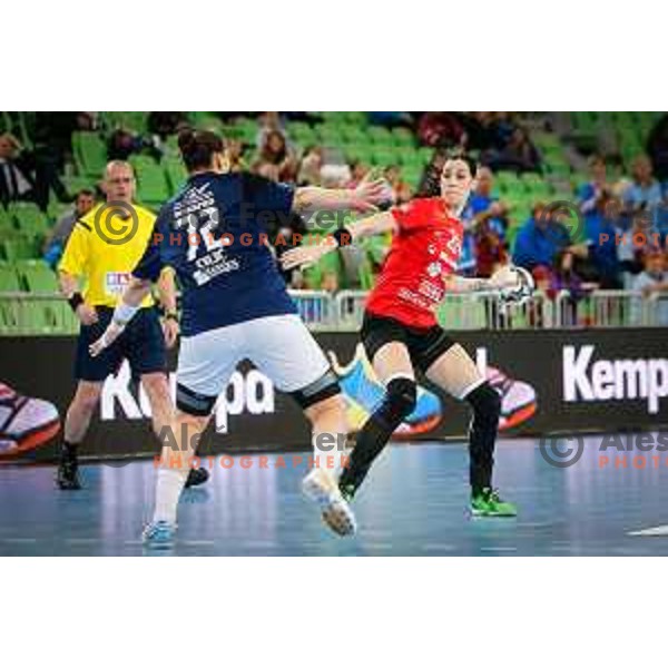 Alja Koren of Krim Mercator in action during handball match between RK Krim Mercator and Buducnost in round 3 of EHF Champions Leauge, played in Arena Stozice, Ljubljana, Slovenia on February 13, 2015