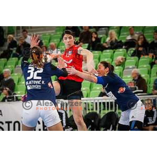 Mirjeta Bajramoska of Krim Mercator in action during handball match between RK Krim Mercator and Buducnost in round 3 of EHF Champions Leauge, played in Arena Stozice, Ljubljana, Slovenia on February 13, 2015