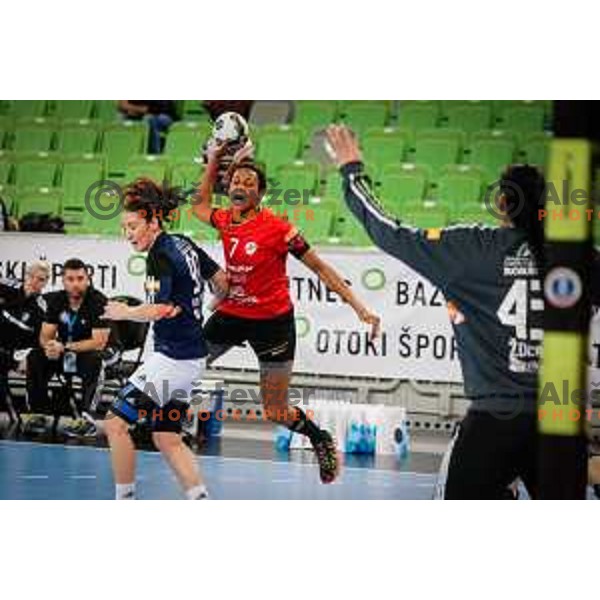 Allison Pineau of Krim Mercator in action during handball match between RK Krim Mercator and Buducnost in round 3 of EHF Champions Leauge, played in Arena Stozice, Ljubljana, Slovenia on February 13, 2015