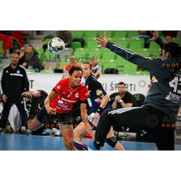 Allison Pineau of Krim Mercator in action during handball match between RK Krim Mercator and Buducnost in round 3 of EHF Champions Leauge, played in Arena Stozice, Ljubljana, Slovenia on February 13, 2015