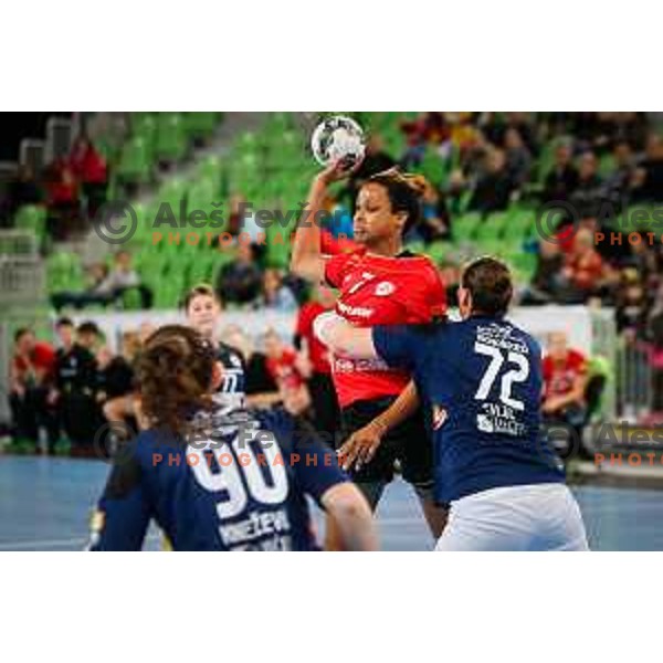 Allison Pineau of Krim Mercator in action during handball match between RK Krim Mercator and Buducnost in round 3 of EHF Champions Leauge, played in Arena Stozice, Ljubljana, Slovenia on February 13, 2015