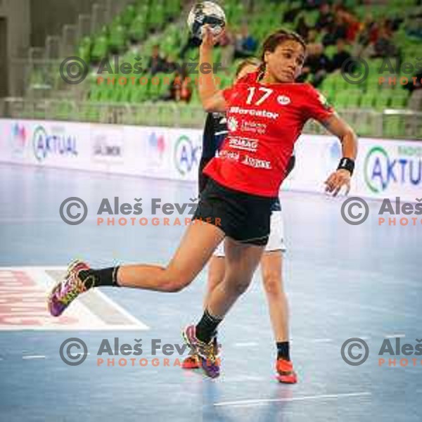 Elizaabeth Omoregie of Krim Mercator in action during handball match between RK Krim Mercator and Buducnost in round 3 of EHF Champions Leauge, played in Arena Stozice, Ljubljana, Slovenia on February 13, 2015