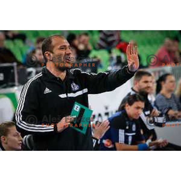 Dragan Adzic, headcoach of Buducnost in action during handball match between RK Krim Mercator and Buducnost in round 3 of EHF Champions Leauge, played in Arena Stozice, Ljubljana, Slovenia on February 13, 2015