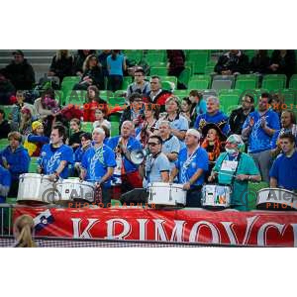 Fans of Krim Mercator in action during handball match between RK Krim Mercator and Buducnost in round 3 of EHF Champions Leauge, played in Arena Stozice, Ljubljana, Slovenia on February 13, 2015