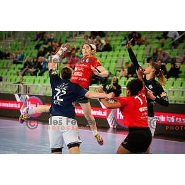 Mirjeta Bajramoska of Krim Mercator in action during handball match between RK Krim Mercator and Buducnost in round 3 of EHF Champions Leauge, played in Arena Stozice, Ljubljana, Slovenia on February 13, 2015