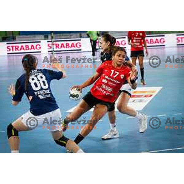 Elizabeth Omoregie of Krim Mercator in action during handball match between RK Krim Mercator and Buducnost in round 3 of EHF Champions Leauge, played in Arena Stozice, Ljubljana, Slovenia on February 13, 2015