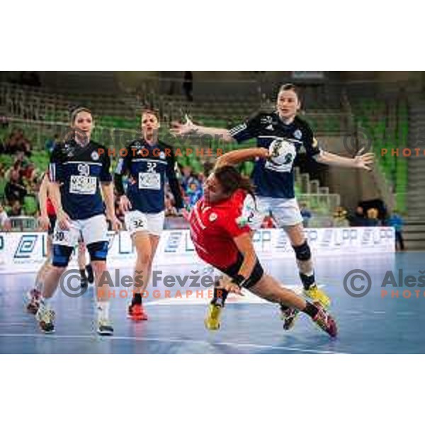 Elizabeth Omoregie of Krim Mercator in action during handball match between RK Krim Mercator and Buducnost in round 3 of EHF Champions Leauge, played in Arena Stozice, Ljubljana, Slovenia on February 13, 2015