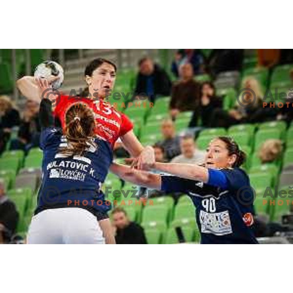 Mirjeta Bajramoska of Krim Mercator in action during handball match between RK Krim Mercator and Buducnost in round 3 of EHF Champions Leauge, played in Arena Stozice, Ljubljana, Slovenia on February 13, 2015