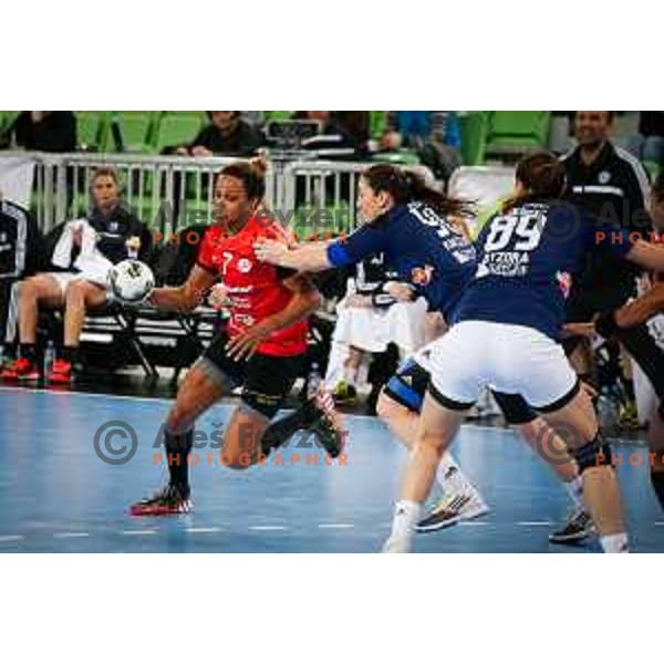 Allison Pineau of Krim Mercator in action during handball match between RK Krim Mercator and Buducnost in round 3 of EHF Champions Leauge, played in Arena Stozice, Ljubljana, Slovenia on February 13, 2015