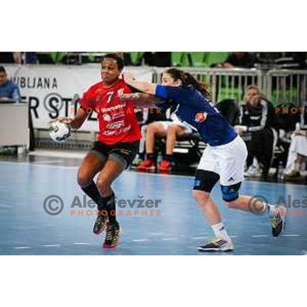 Allison Pineau of Krim Mercator in action during handball match between RK Krim Mercator and Buducnost in round 3 of EHF Champions Leauge, played in Arena Stozice, Ljubljana, Slovenia on February 13, 2015