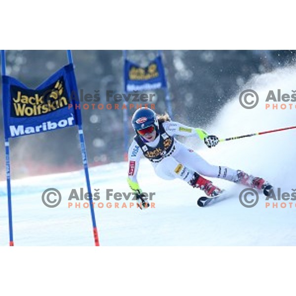 Mikaela Shiffrin (USA) skiing in first run of 51. Golden Fox- Zlata Lisica FIS World Cup Giant Slalom in Maribor, Slovenia on February 21, 2015