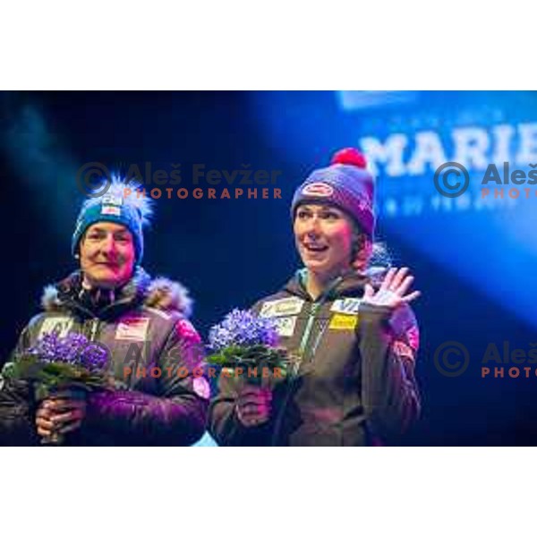 Kathrin Zettel, Mikaela Shiffrin during slalom start number draw, 51st Golden Fox, Maribor, 21.2.2015