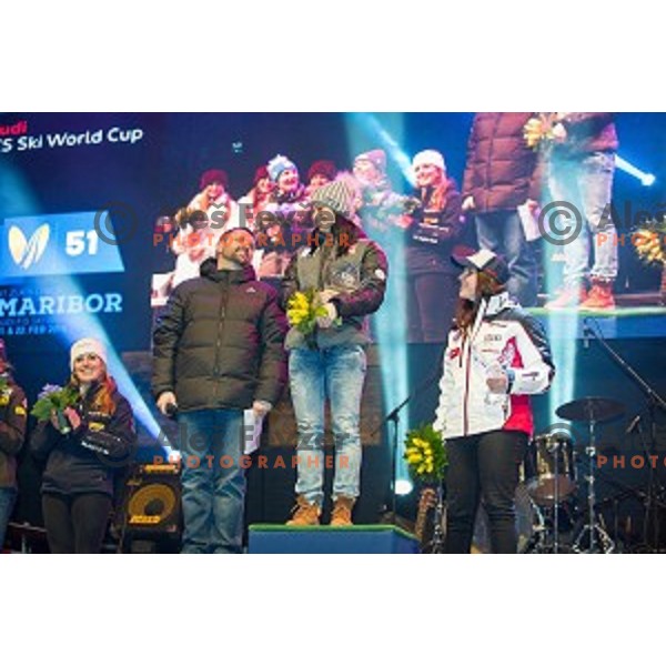 Dejan Vedlin, Anna Fenninger, Tina Weireiter during slalom start number draw, 51st Golden Fox, Maribor, 21.2.2015