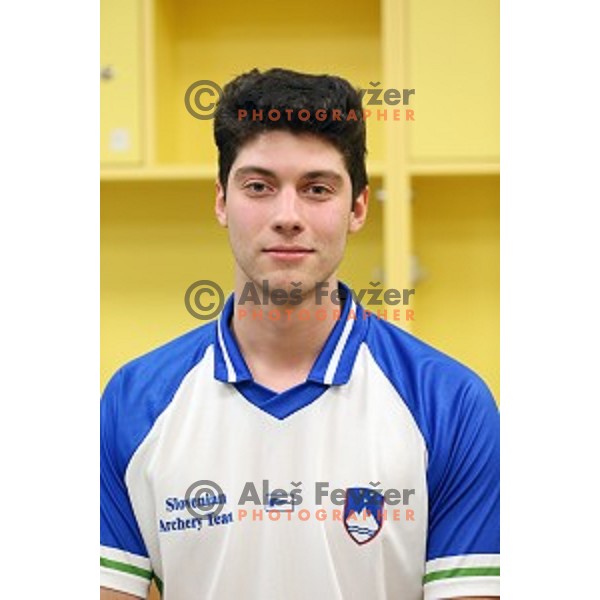 Arne Cerne of Slovenia junior team- gold medalist at 15. European Archery Indoor Championships in Bonifika Hall, Koper, Slovenia on February 28, 2015