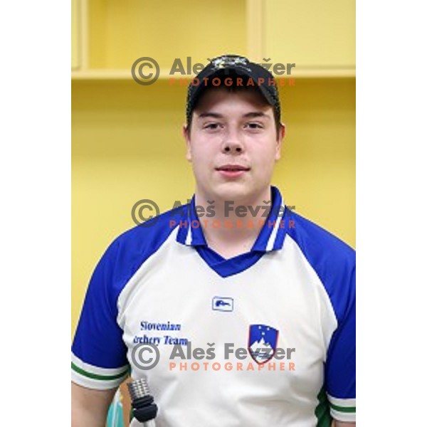 Stas Modic of Slovenia junior team- gold medalist at 15. European Archery Indoor Championships in Bonifika Hall, Koper, Slovenia on February 28, 2015