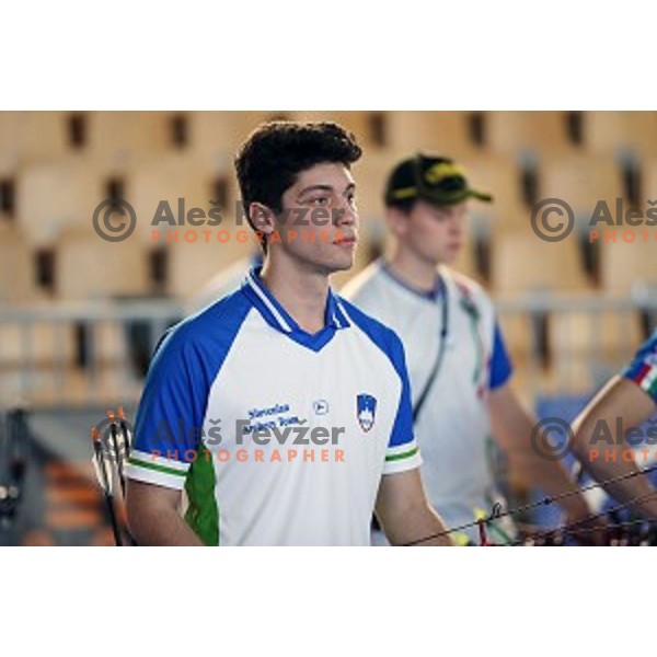 Arne Cerne of Slovenia junior team- gold medalist at 15. European Archery Indoor Championships in Bonifika Hall, Koper, Slovenia on February 28, 2015